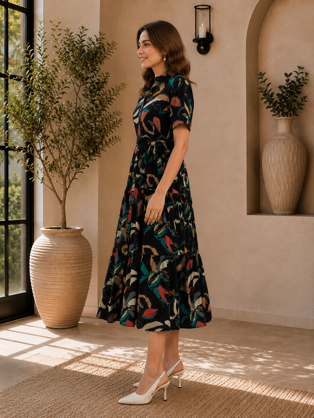 Black Floral Printed Chanderi Silk Dress for Women | Claura