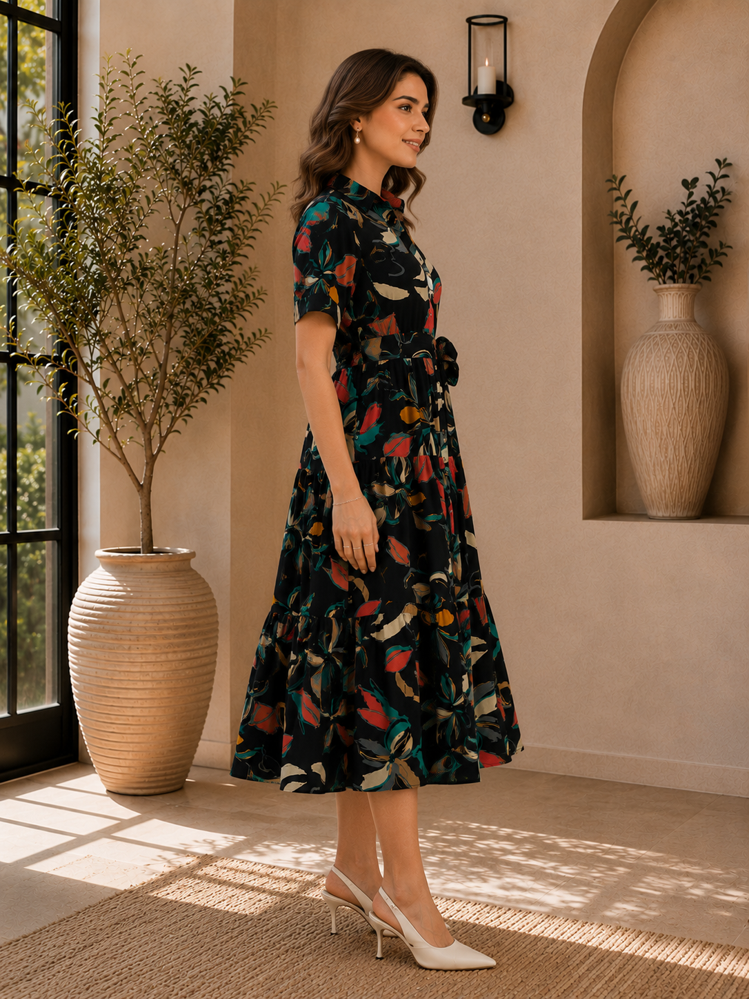 Black Floral Printed Chanderi Silk Dress for Women | Claura
