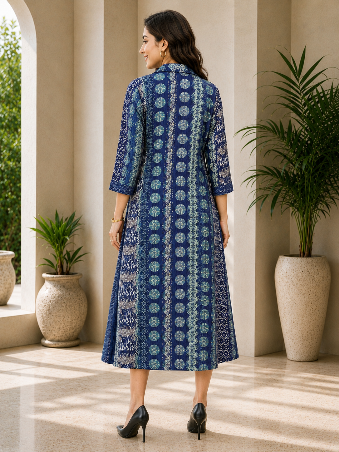 Blue Chanderi Abstract Printed Dress for Women | Claura