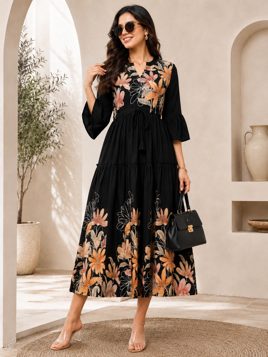 Black Viscose Rayon Floral Printed Dress for Women | Claura