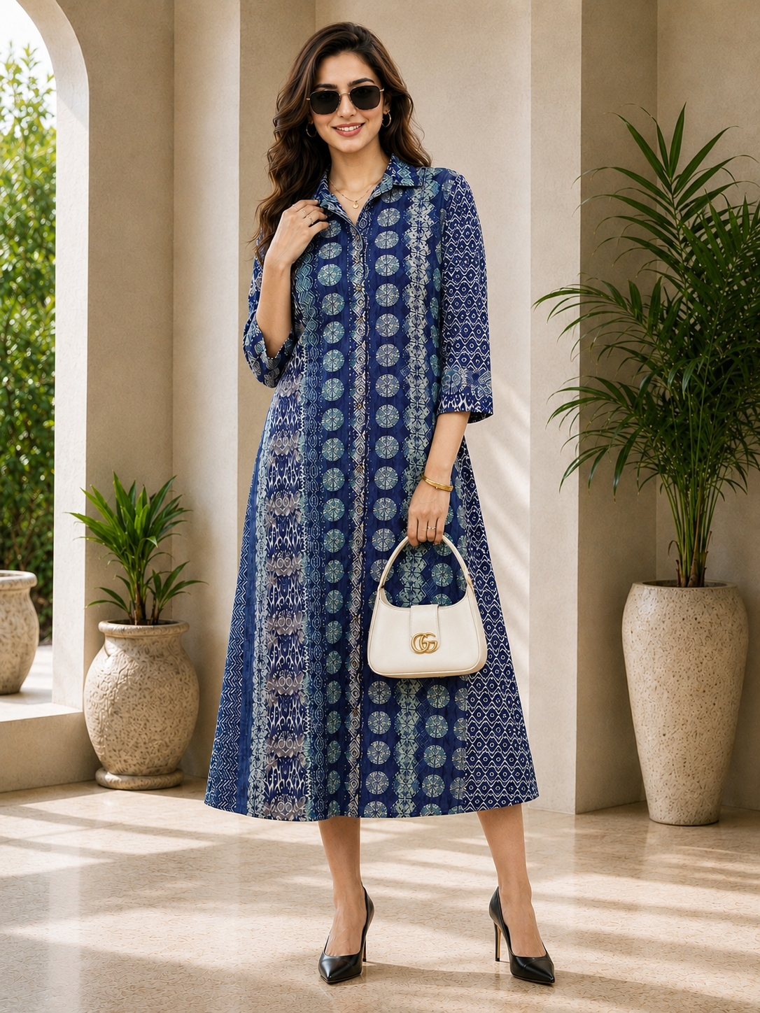 Blue Chanderi Abstract Printed Dress for Women | Claura