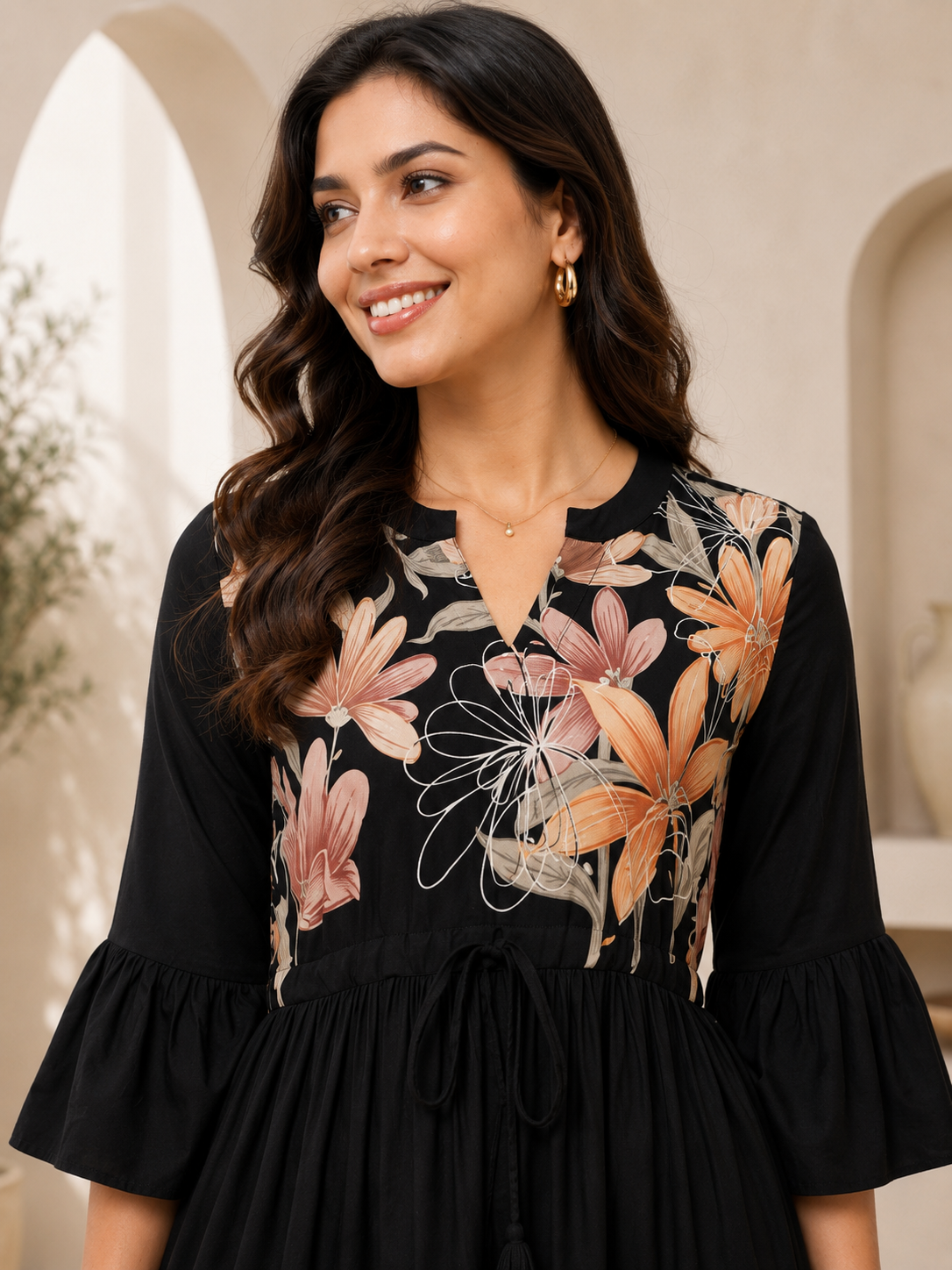 Black Viscose Rayon Floral Printed Dress for Women | Claura