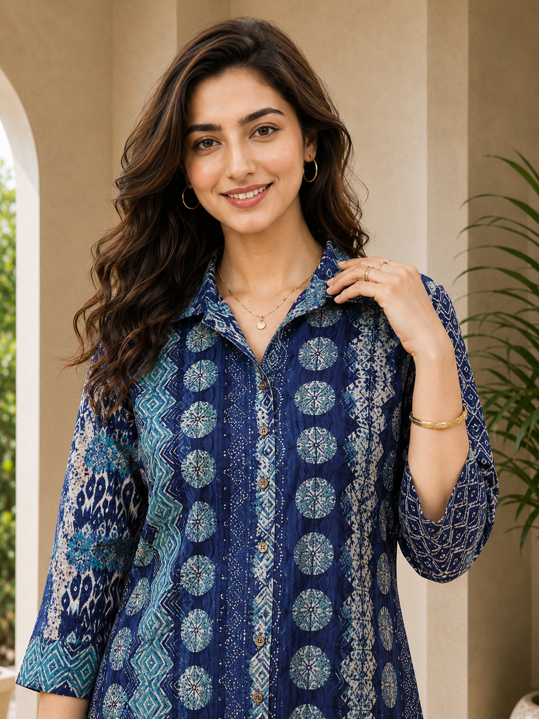Blue Chanderi Abstract Printed Dress for Women | Claura