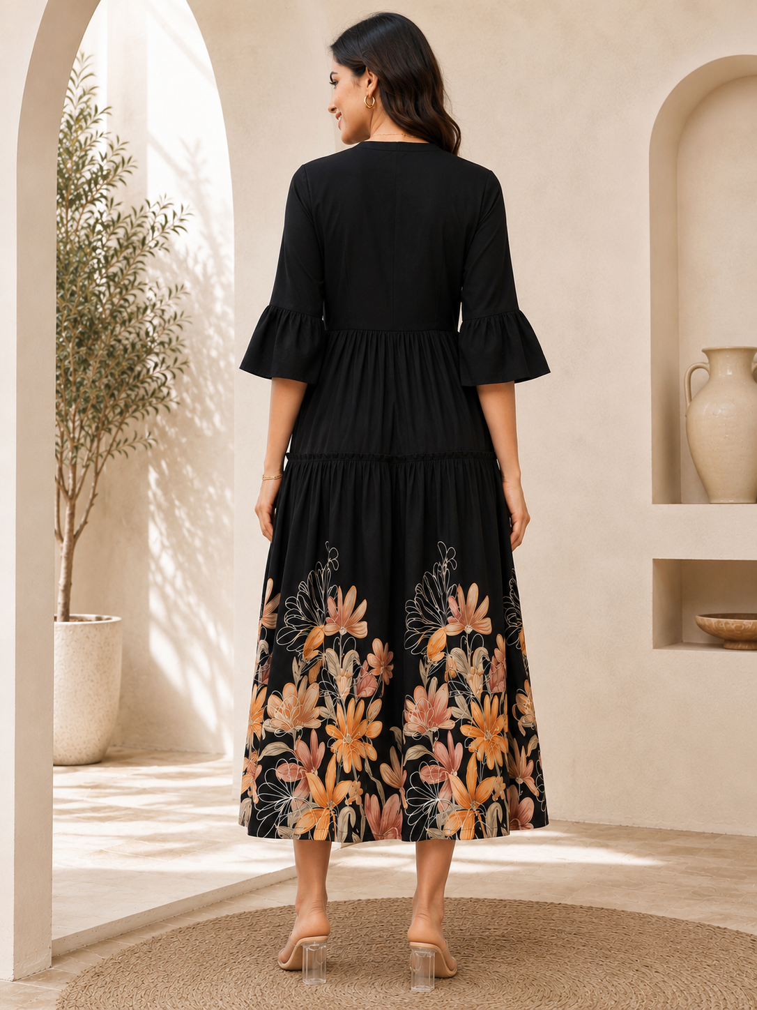 Black Viscose Rayon Floral Printed Dress for Women | Claura