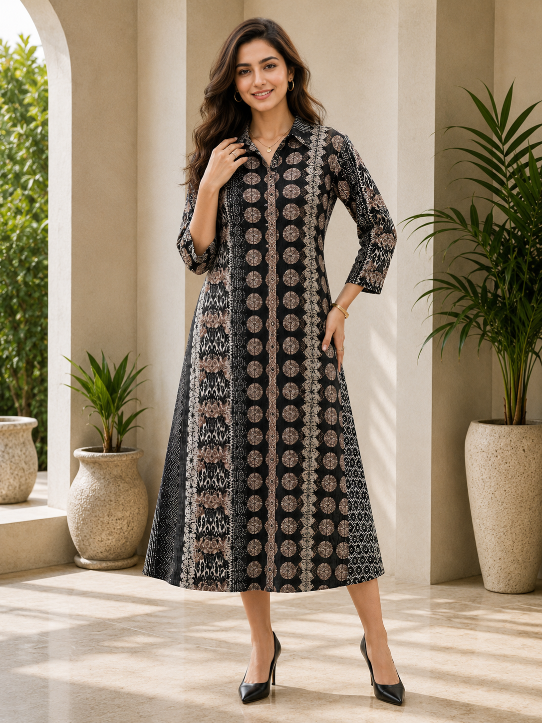 Black Chanderi Silk Abstract Printed Dress for Women | Claura
