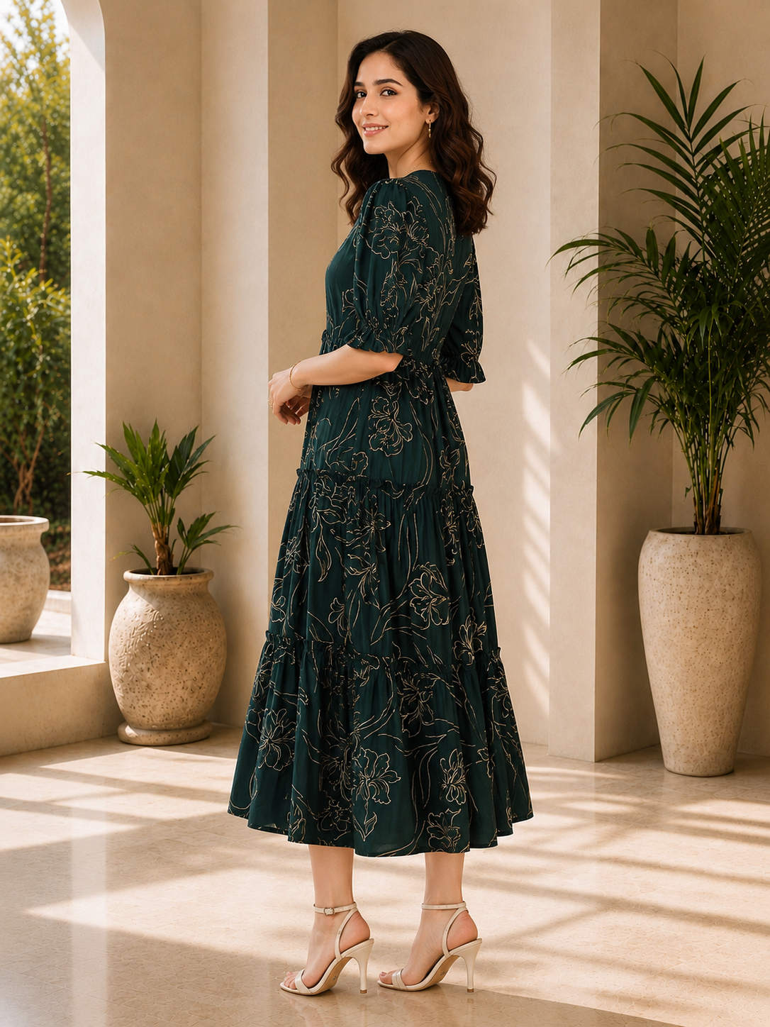 Green Floral Printed Premium Chanderi V-Neck Dress for Women | Claura