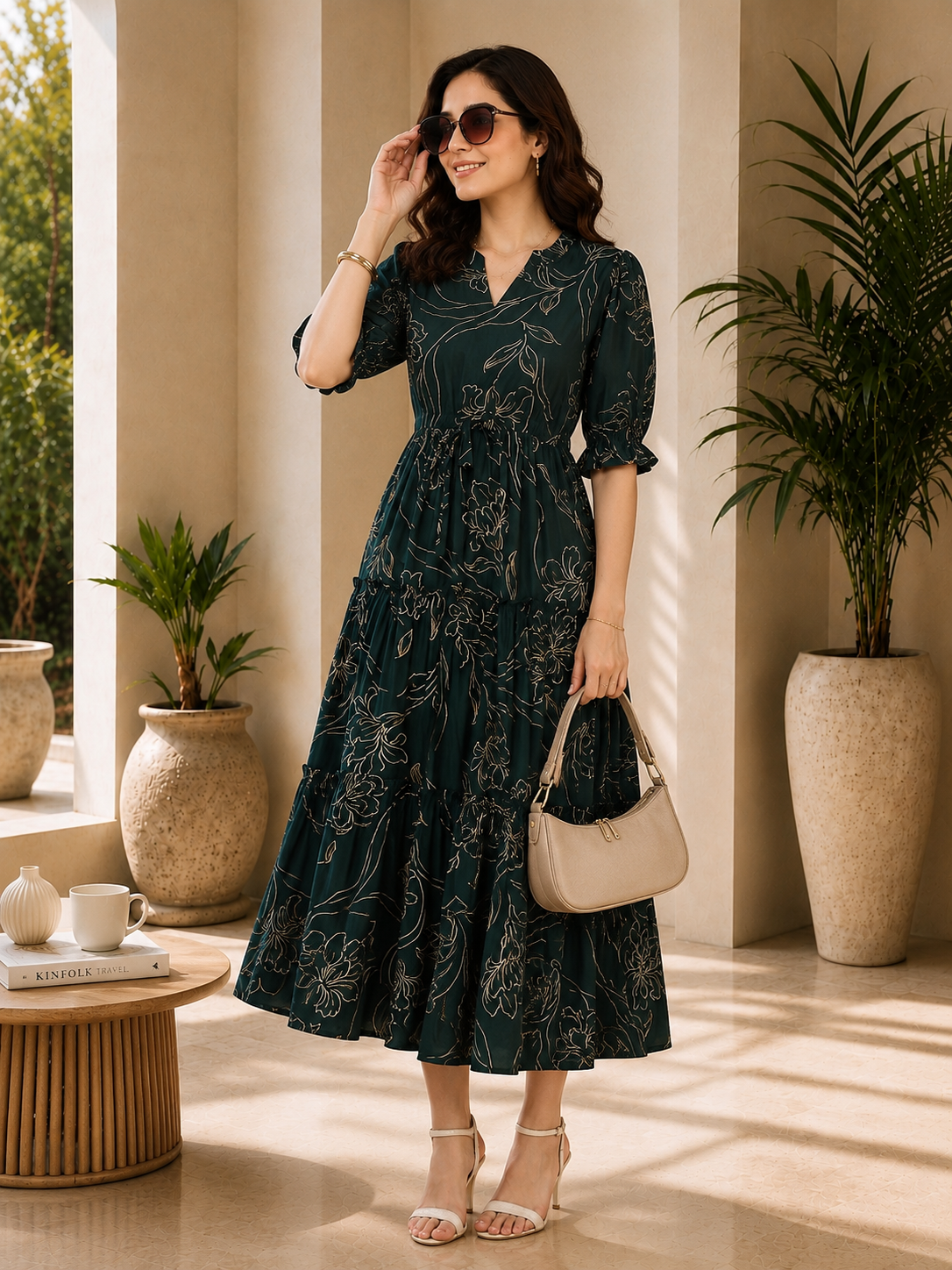 Green Floral Printed Premium Chanderi V-Neck Dress for Women | Claura