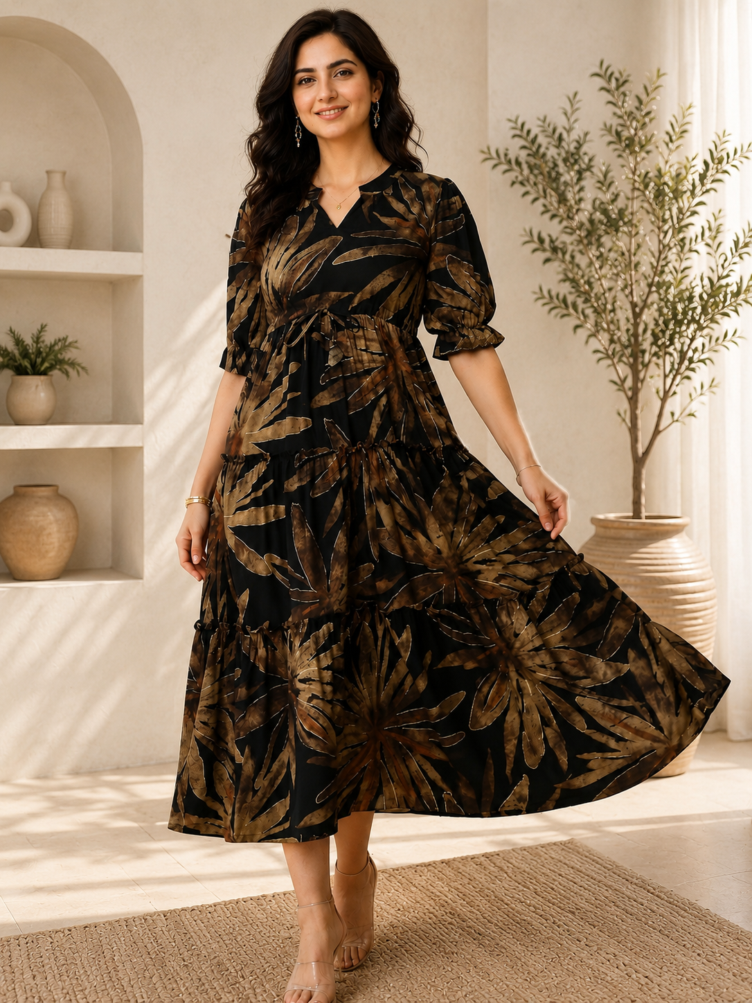 Black Floral Printed Premium Chanderi Dress for Women | Claura