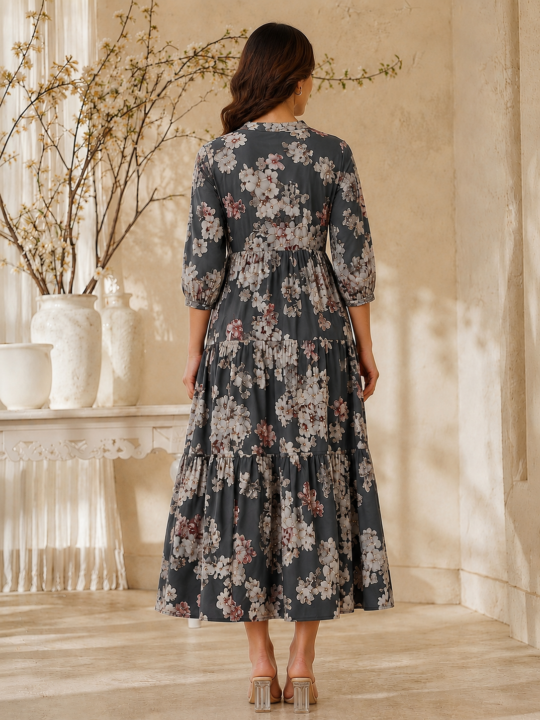 Grey Floral Printed Chanderi Silk Dress for Women | Claura