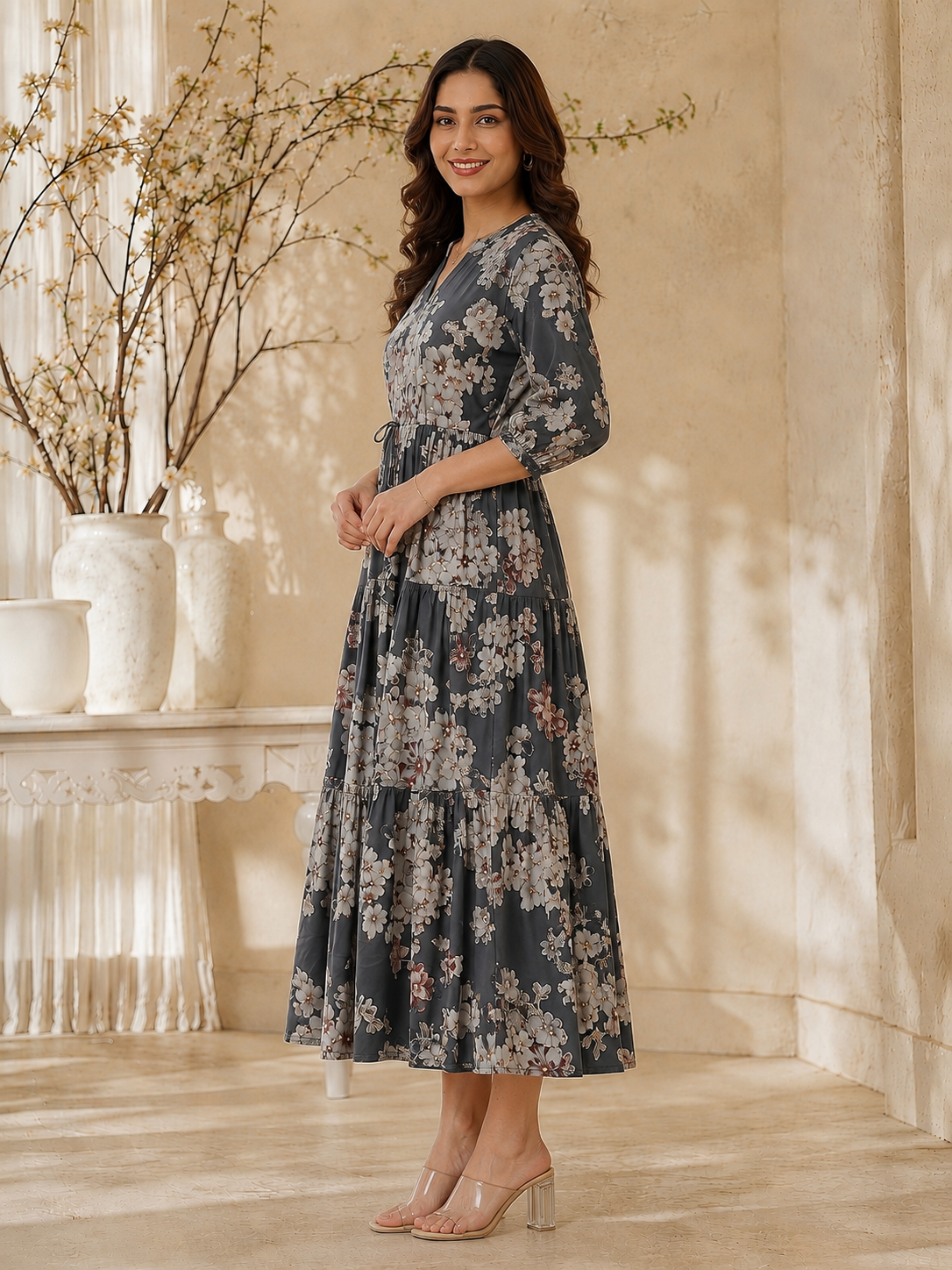 Grey Floral Printed Chanderi Silk Dress for Women | Claura