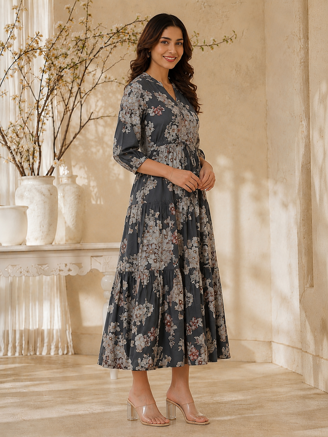 Grey Floral Printed Chanderi Silk Dress for Women | Claura