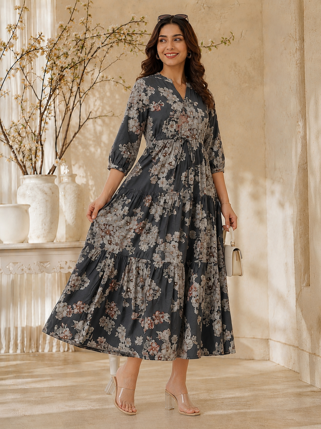Grey Floral Printed Chanderi Silk Dress for Women | Claura