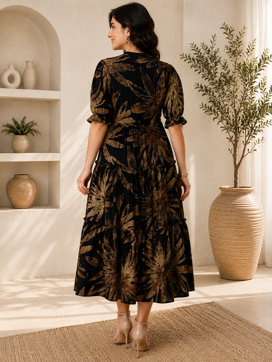 Black Floral Printed Premium Chanderi Dress for Women | Claura