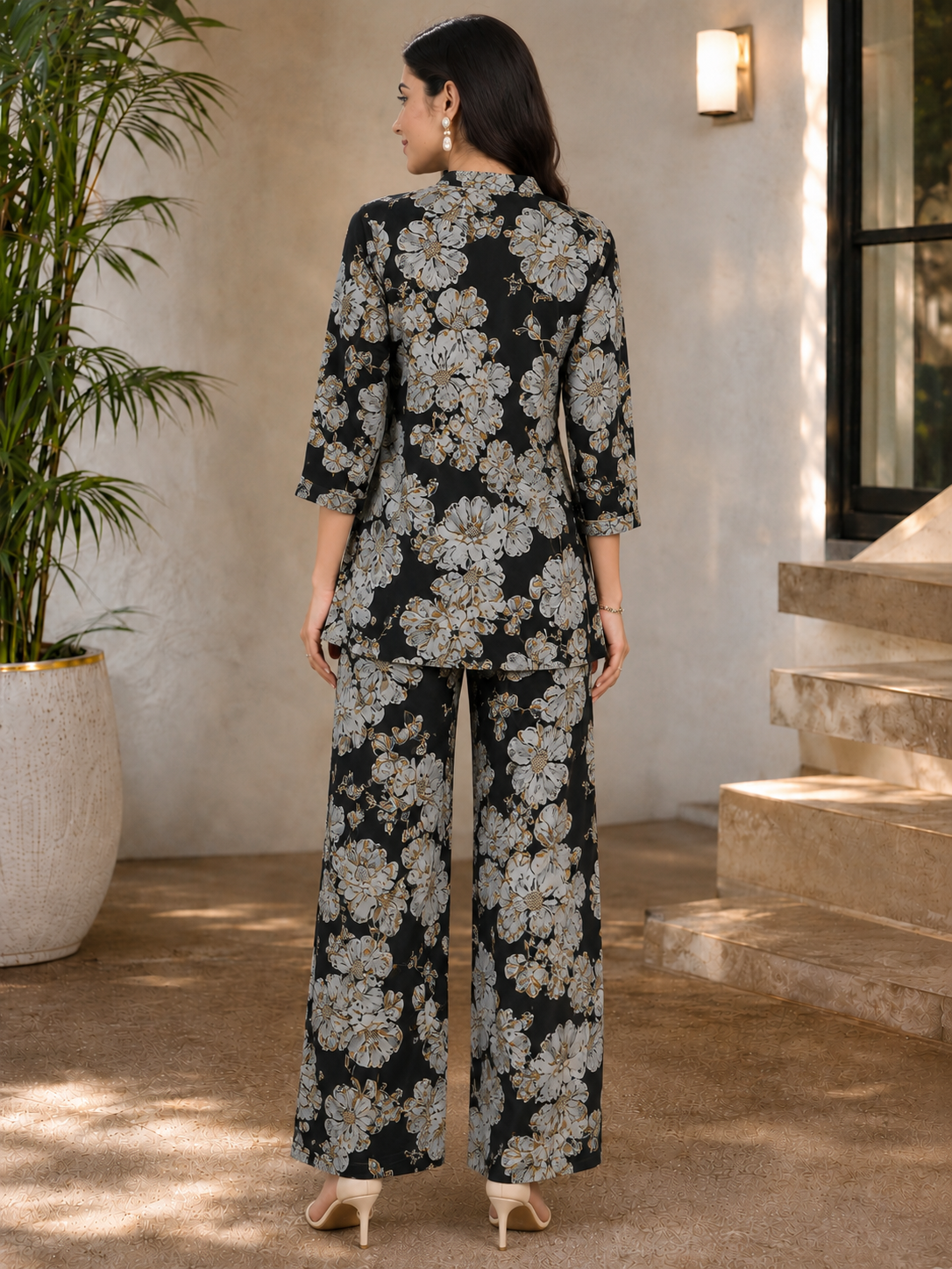 Black Floral Chanderi Silk Co-Ord for Women | Claura