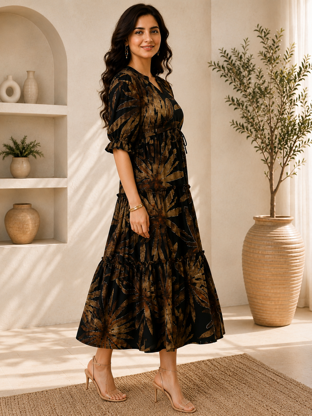 Black Floral Printed Premium Chanderi Dress for Women | Claura