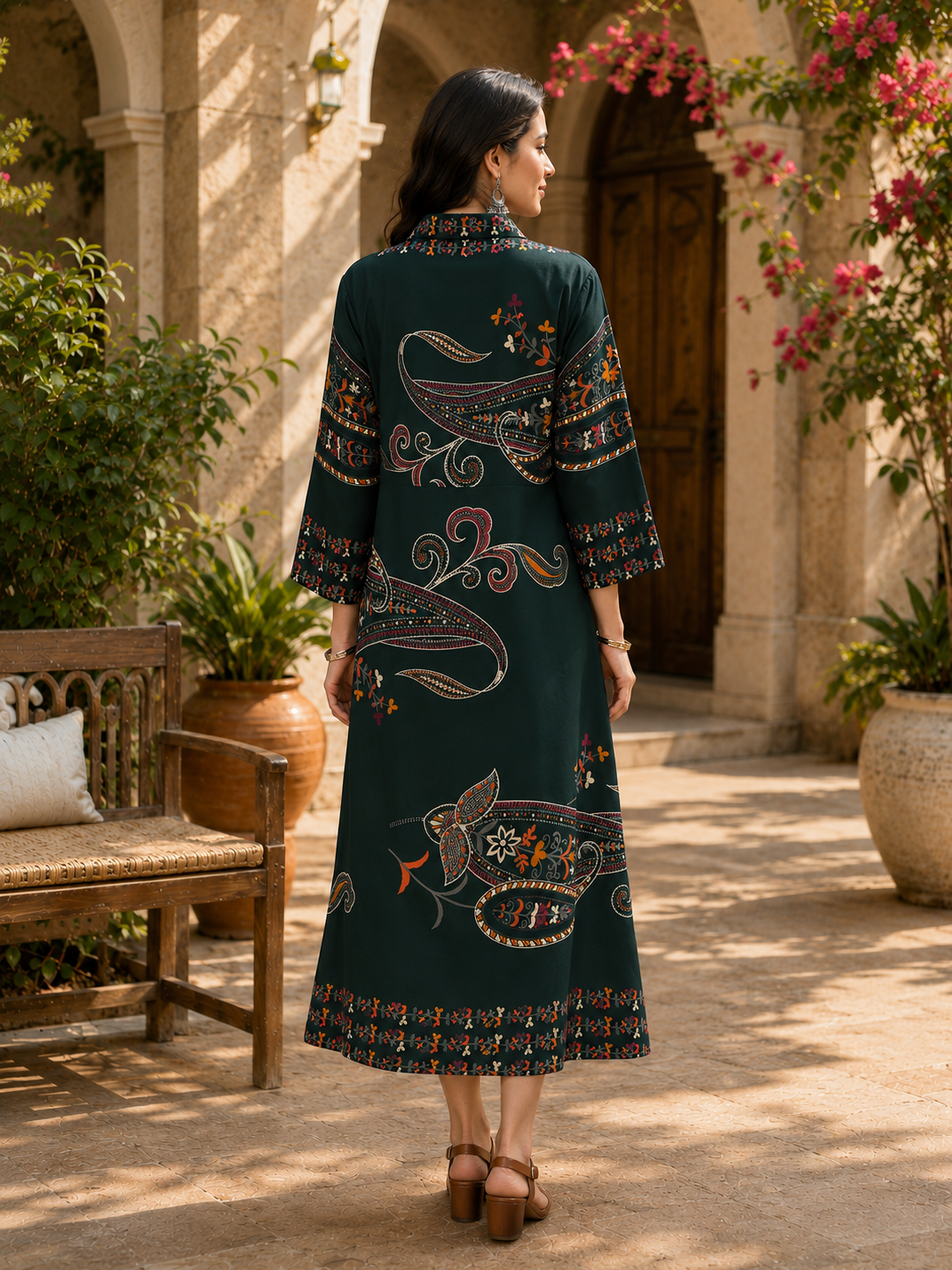 Green Chanderi Silk Floral Casual Dress | Claura