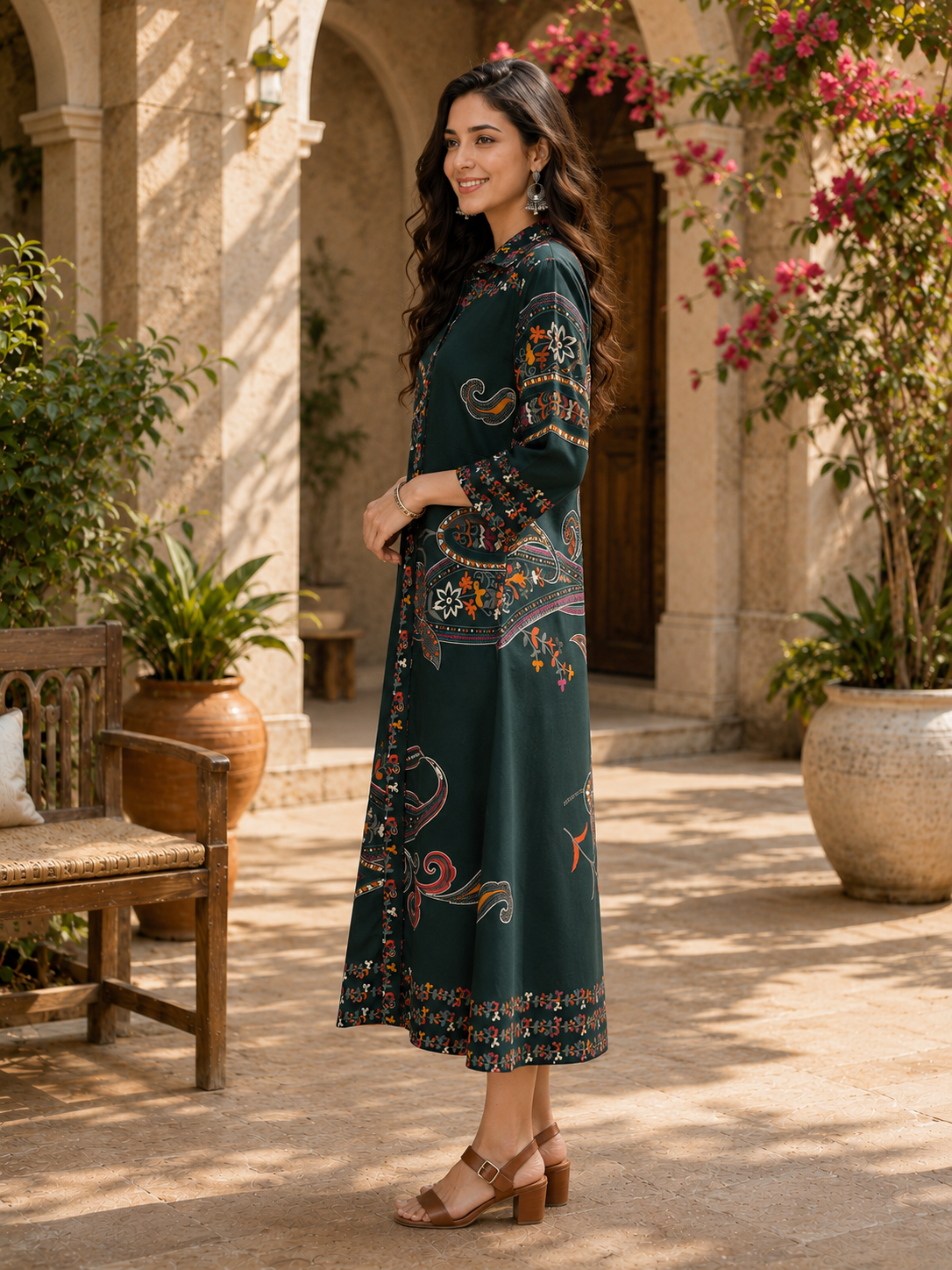 Green Chanderi Silk Floral Casual Dress | Claura