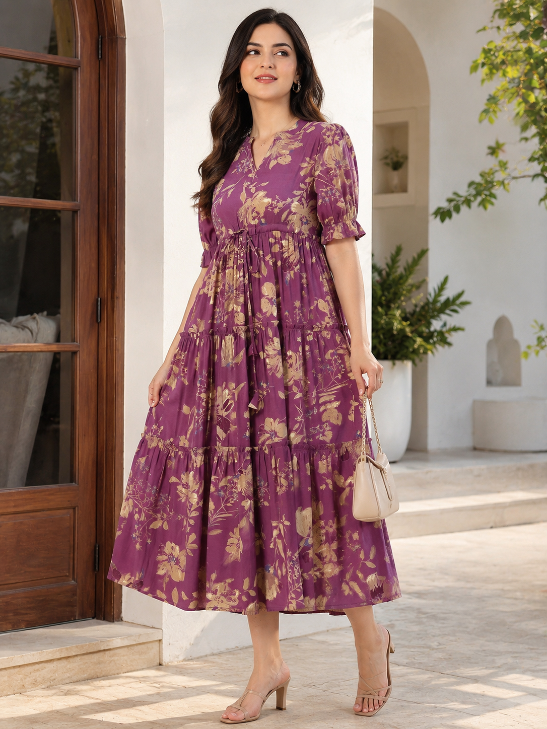 Mauve Floral Printed Chanderi Silk Dress for Women | Claura