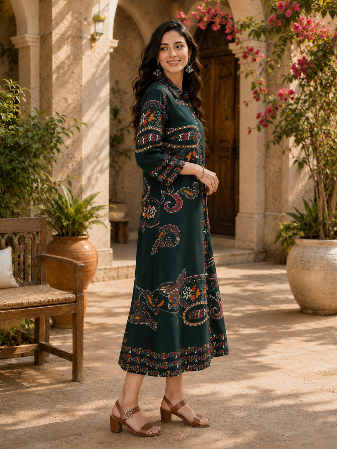 Green Chanderi Silk Floral Casual Dress | Claura