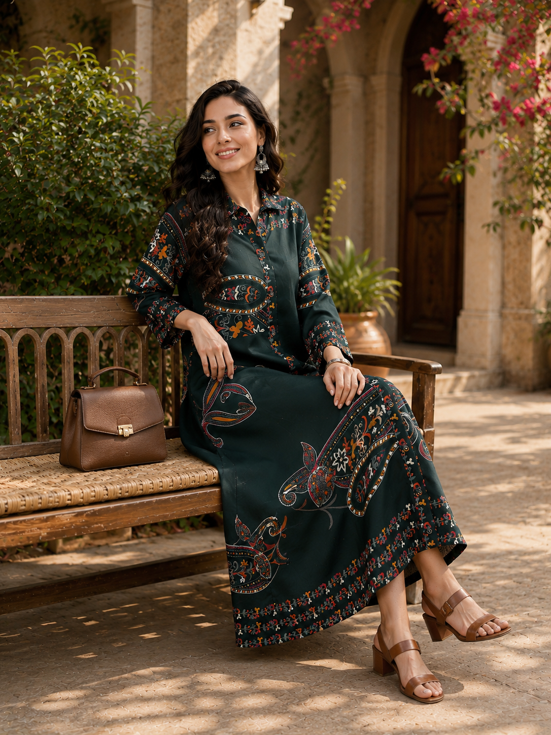 Green Chanderi Silk Floral Casual Dress | Claura