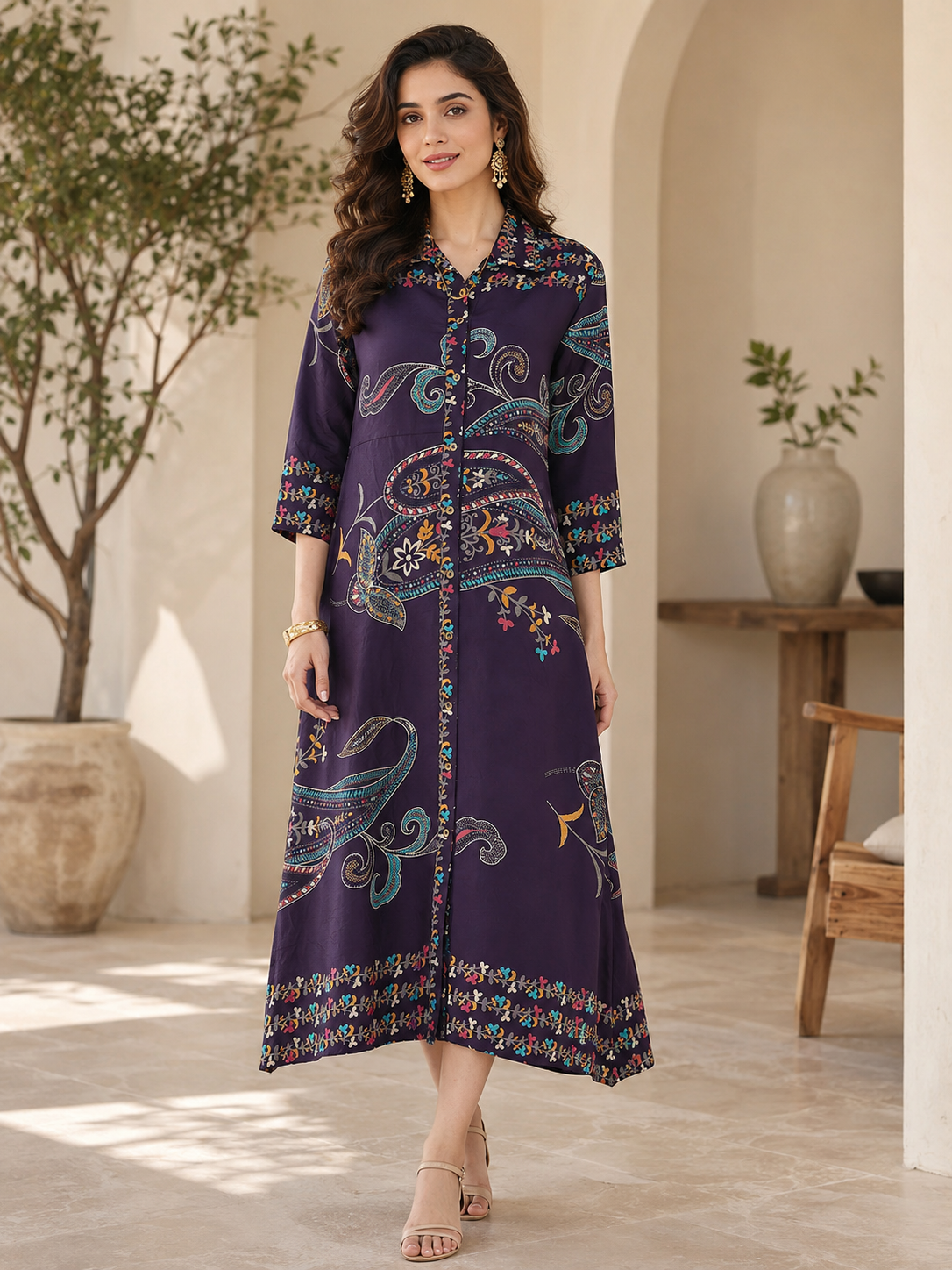 Purple Chanderi Silk Floral Printed Dress for Women | Claura