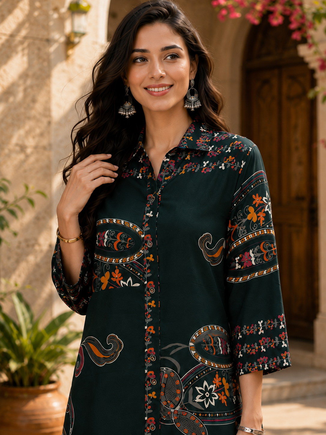 Green Chanderi Silk Floral Casual Dress | Claura