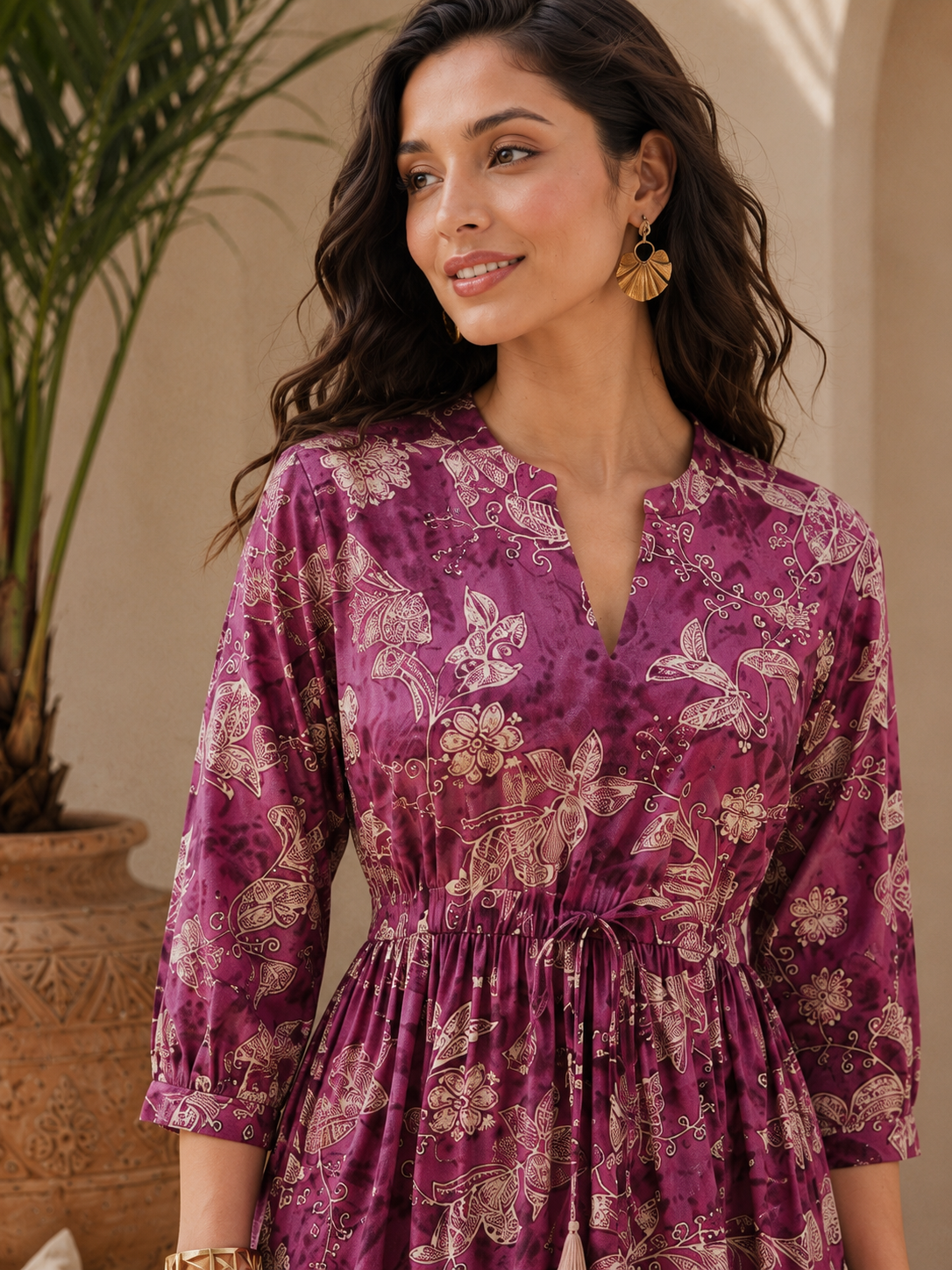 Purple Floral Printed Chanderi Silk Bell-Sleeve Dress for Women | Claura