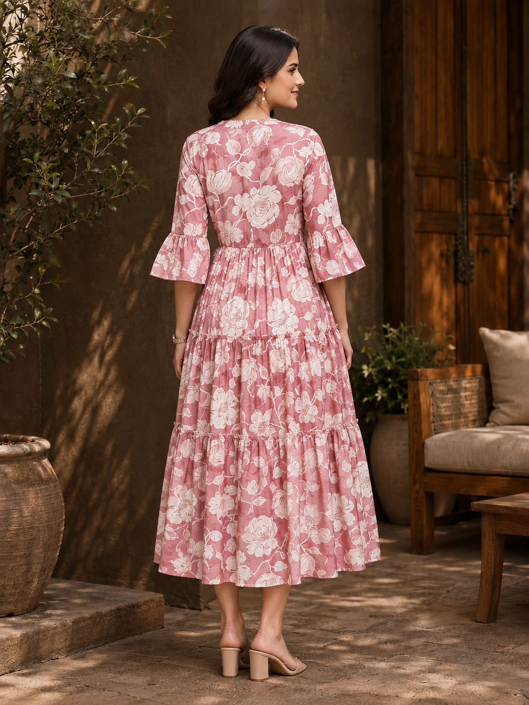 Pink Chanderi Floral Traditional Dress for Women | Claura