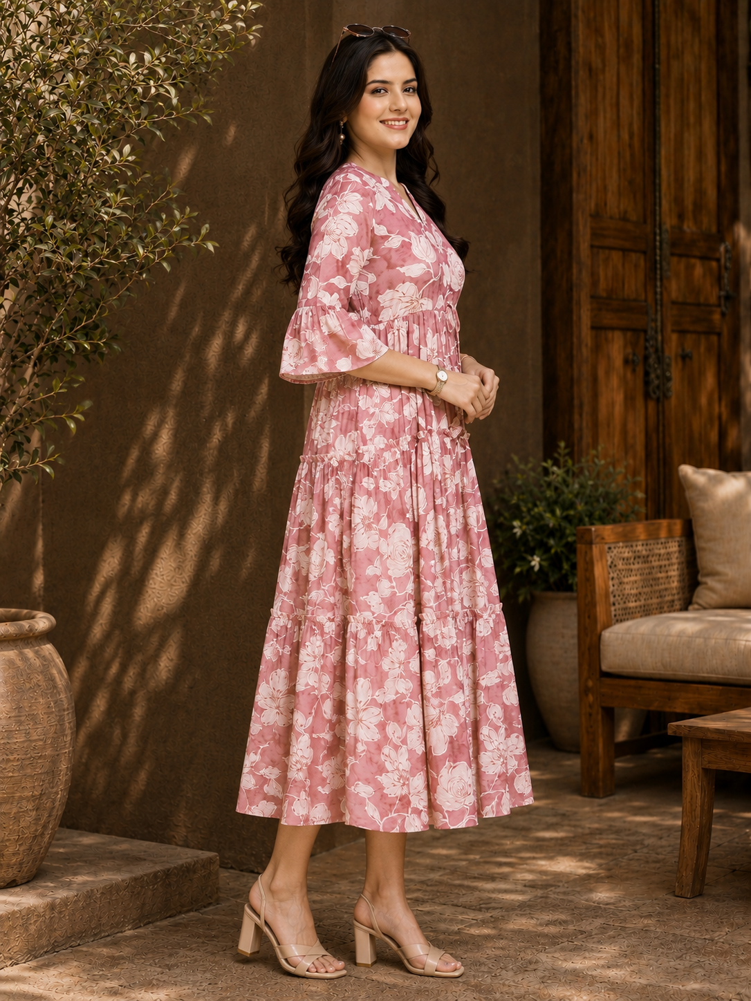 Pink Chanderi Floral Traditional Dress for Women | Claura