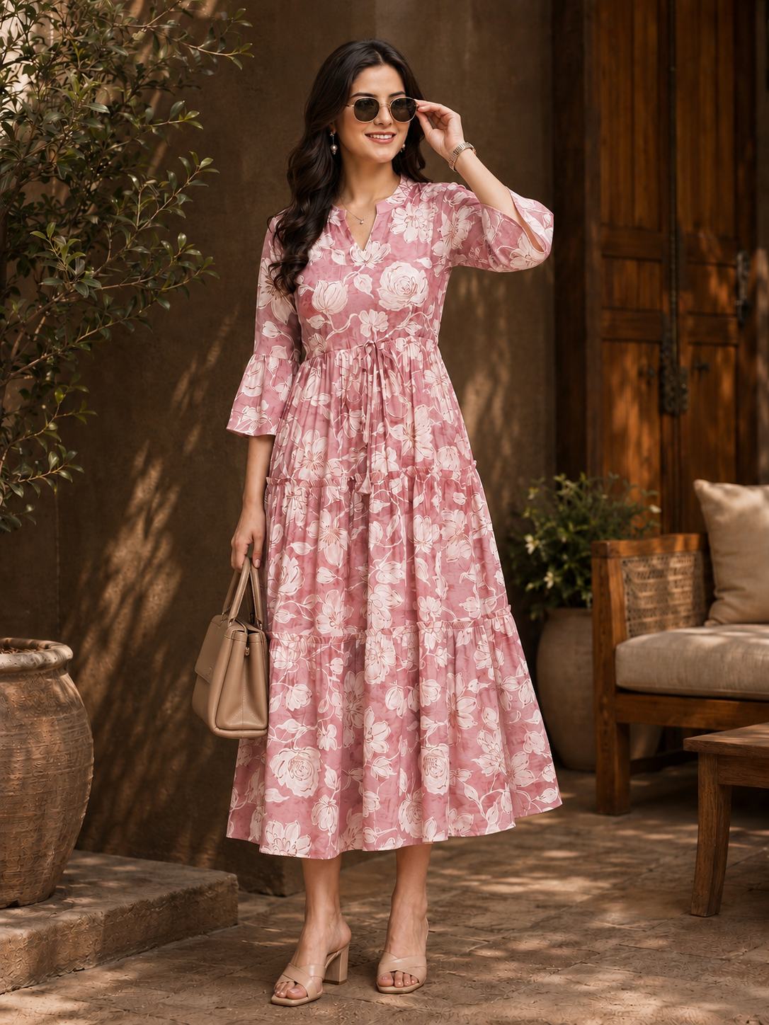 Pink Chanderi Floral Traditional Dress for Women | Claura
