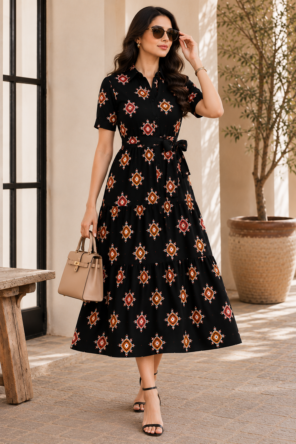 Black Viscose Rayon Floral Dress for Women | Claura