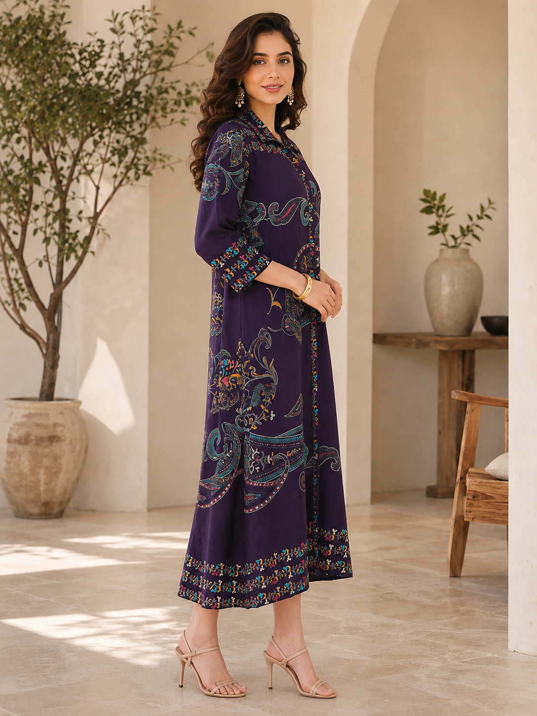 Purple Chanderi Silk Floral Printed Dress for Women | Claura