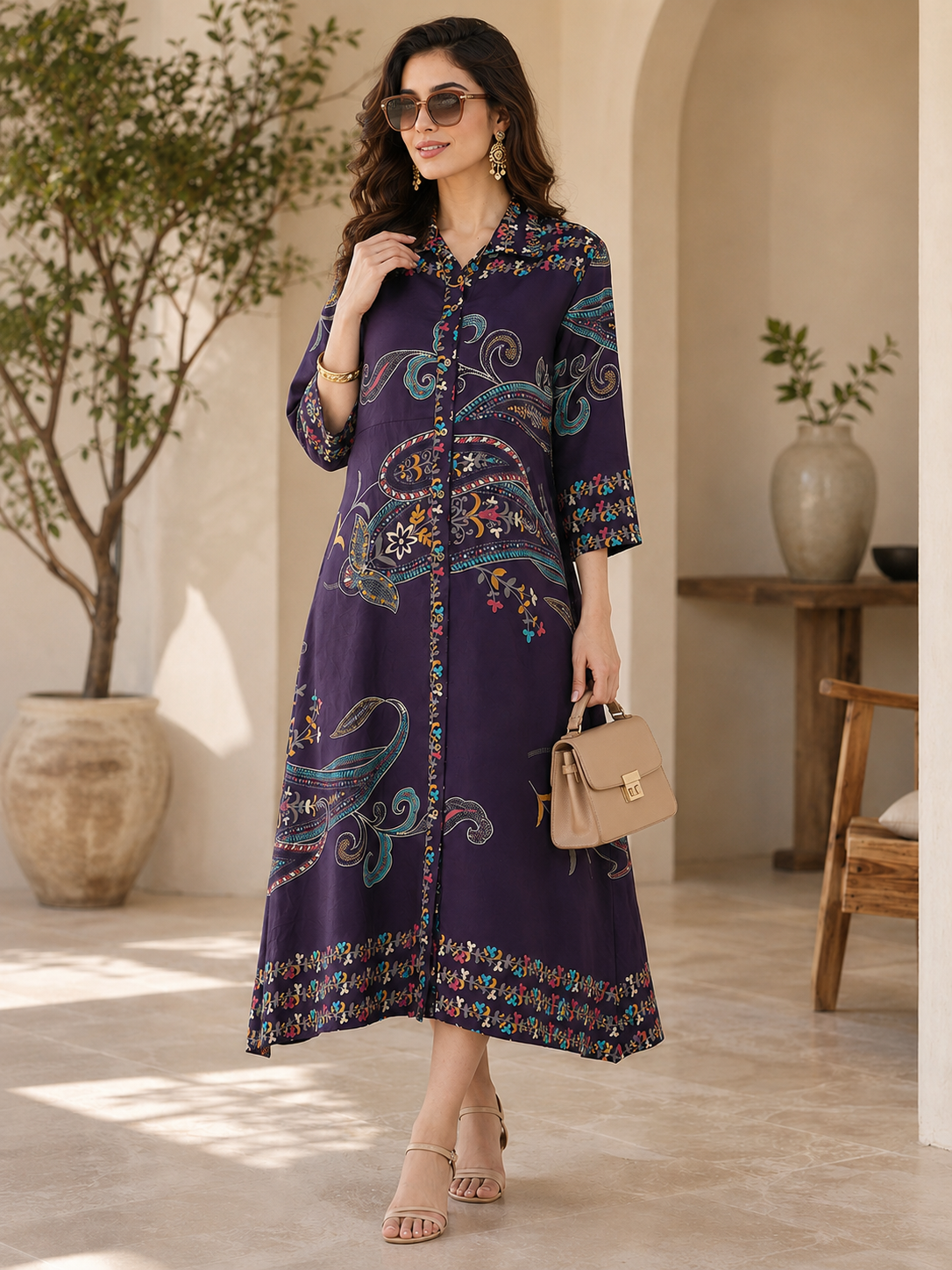 Purple Chanderi Silk Floral Printed Dress for Women | Claura