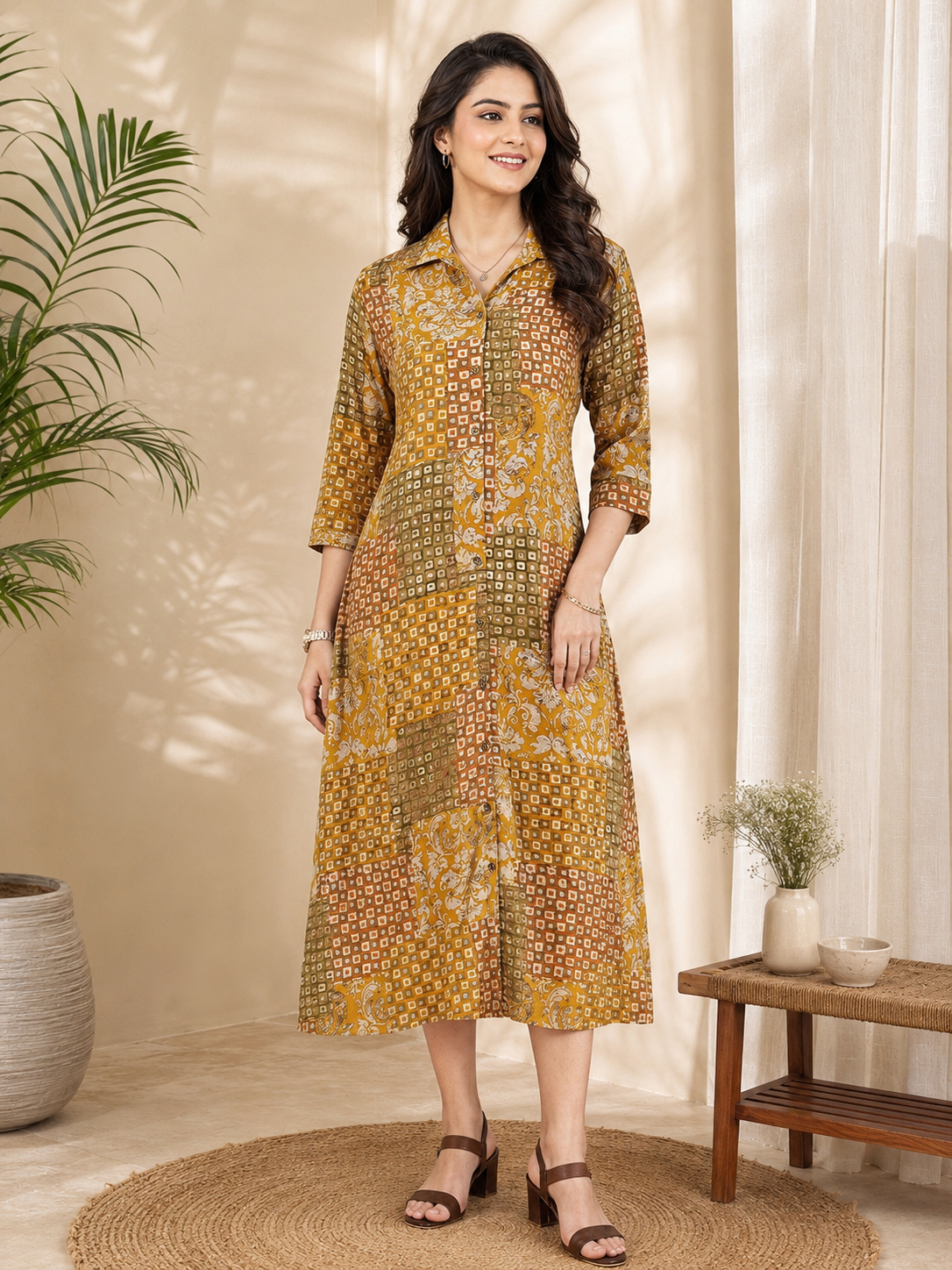 Mustard Chanderi Abstract Printed Dress for Women | Claura