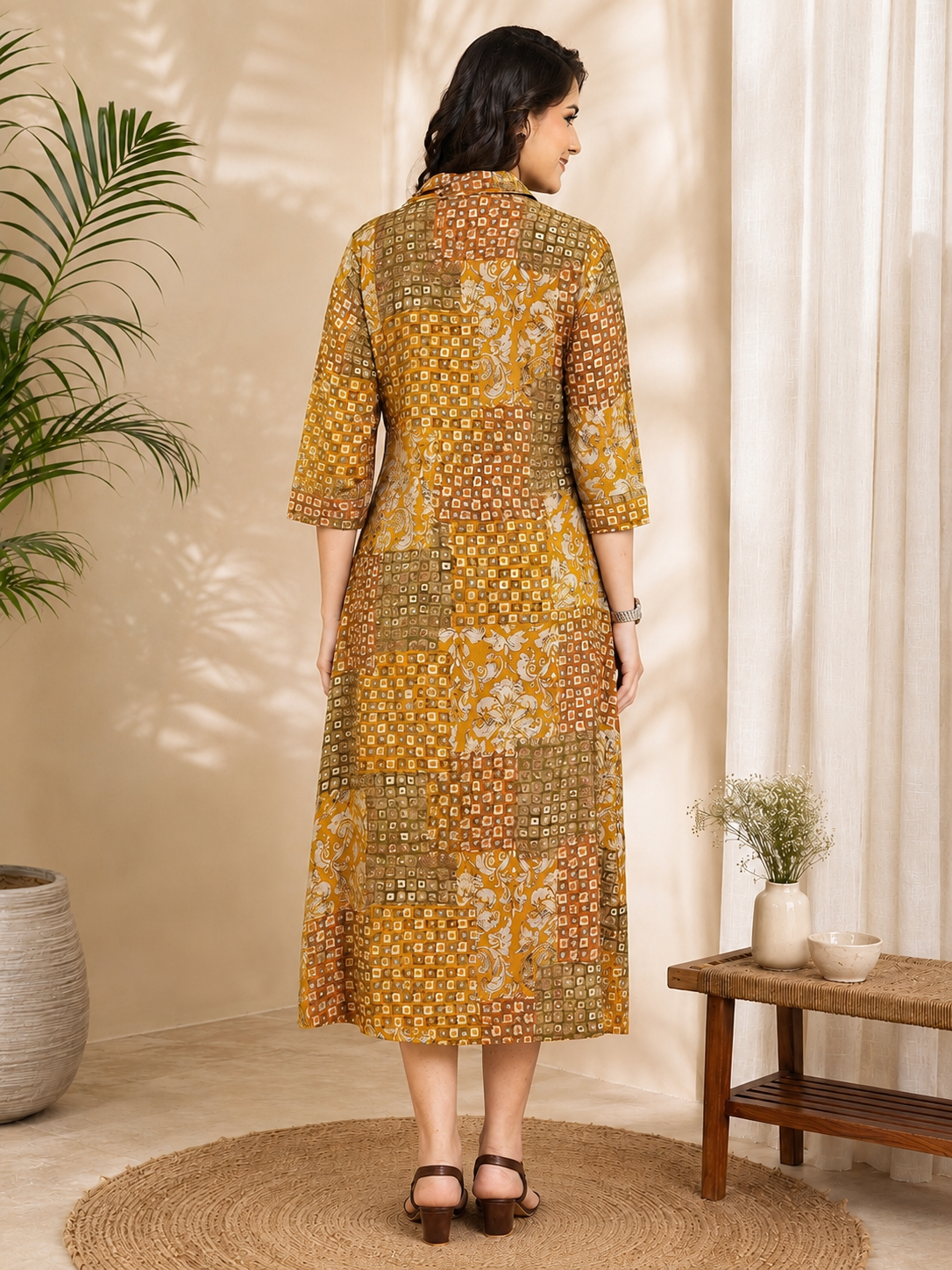 Mustard Chanderi Abstract Printed Dress for Women | Claura