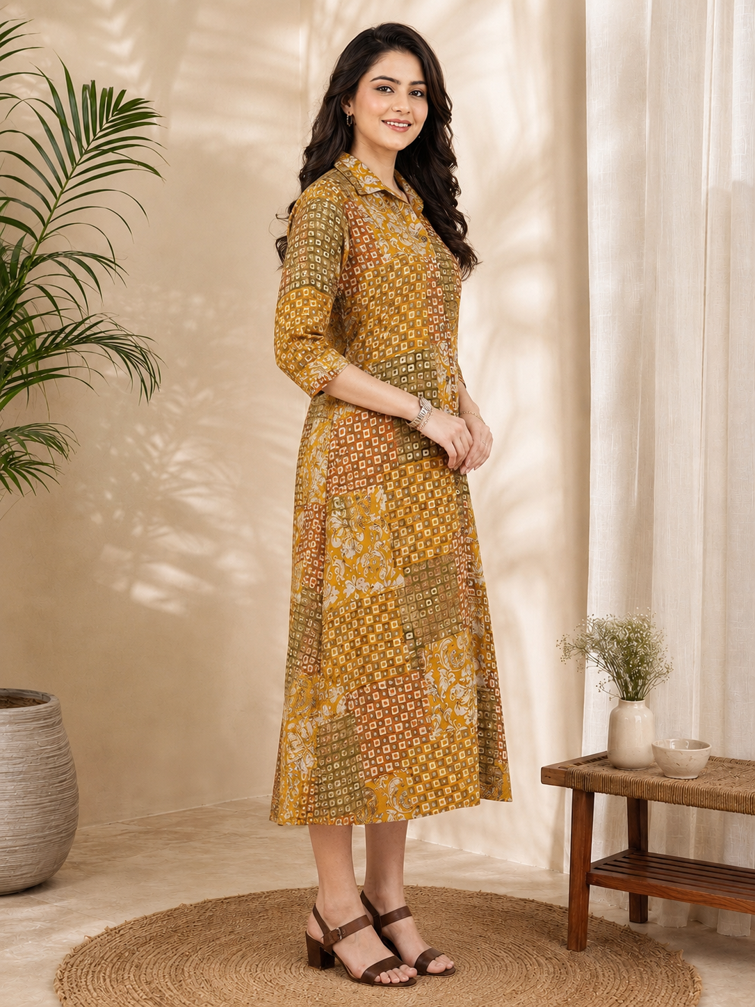 Mustard Chanderi Abstract Printed Dress for Women | Claura