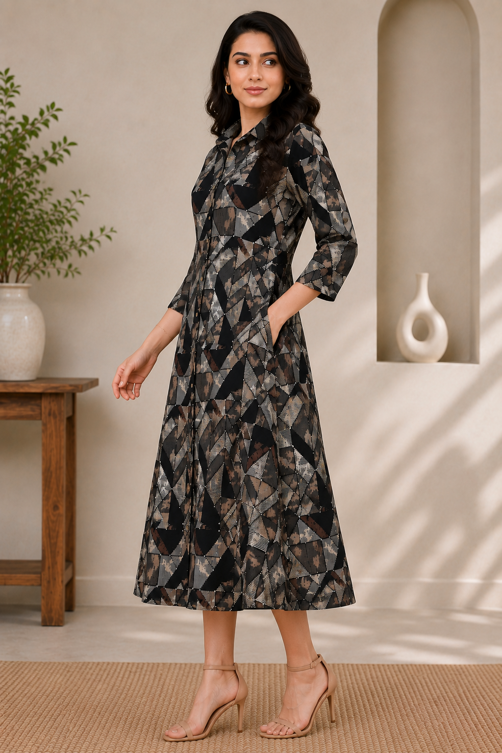 Black Color Abstract Printed Premium Chanderi Ethnic Dress
