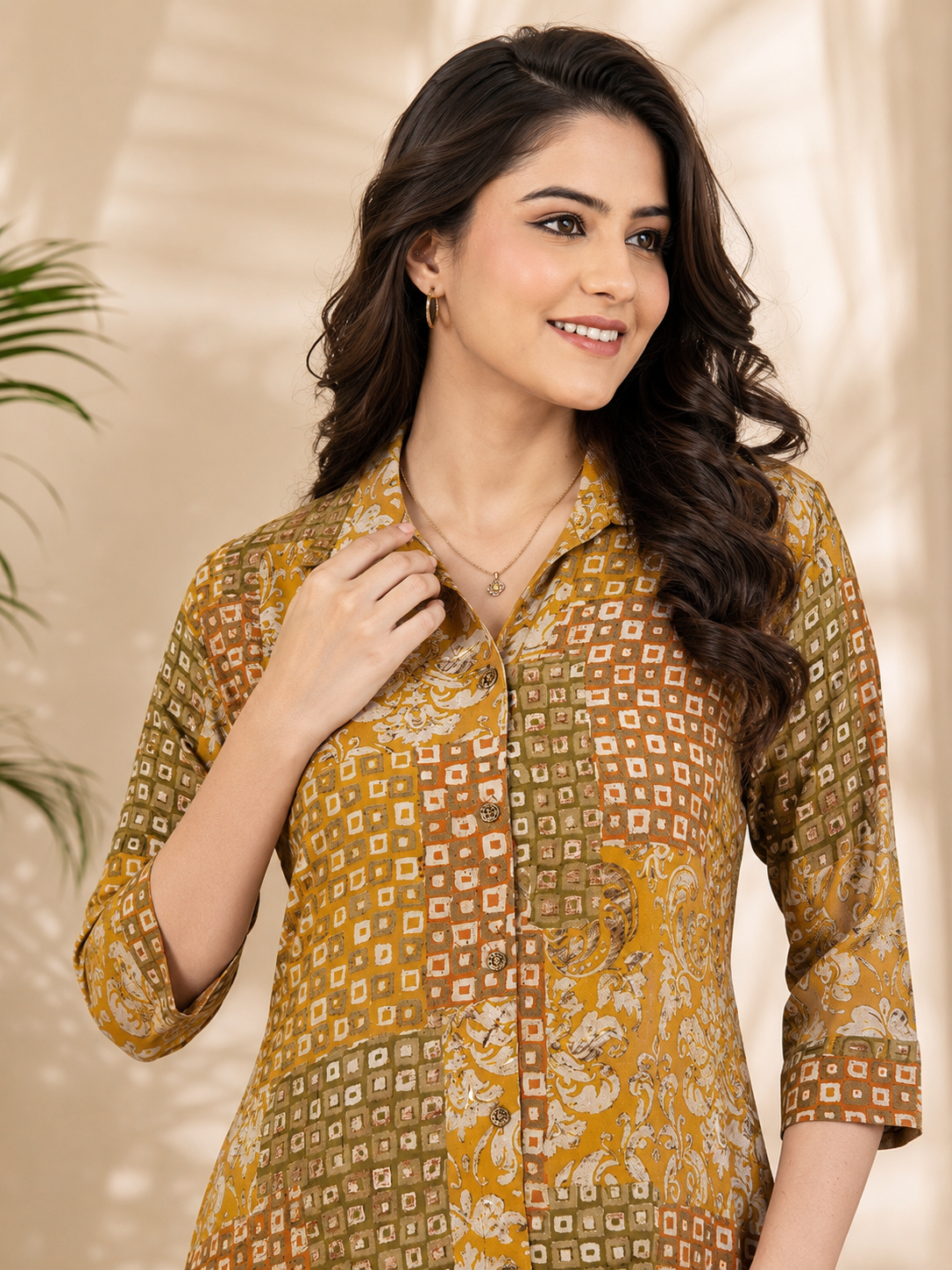 Mustard Chanderi Abstract Printed Dress for Women | Claura