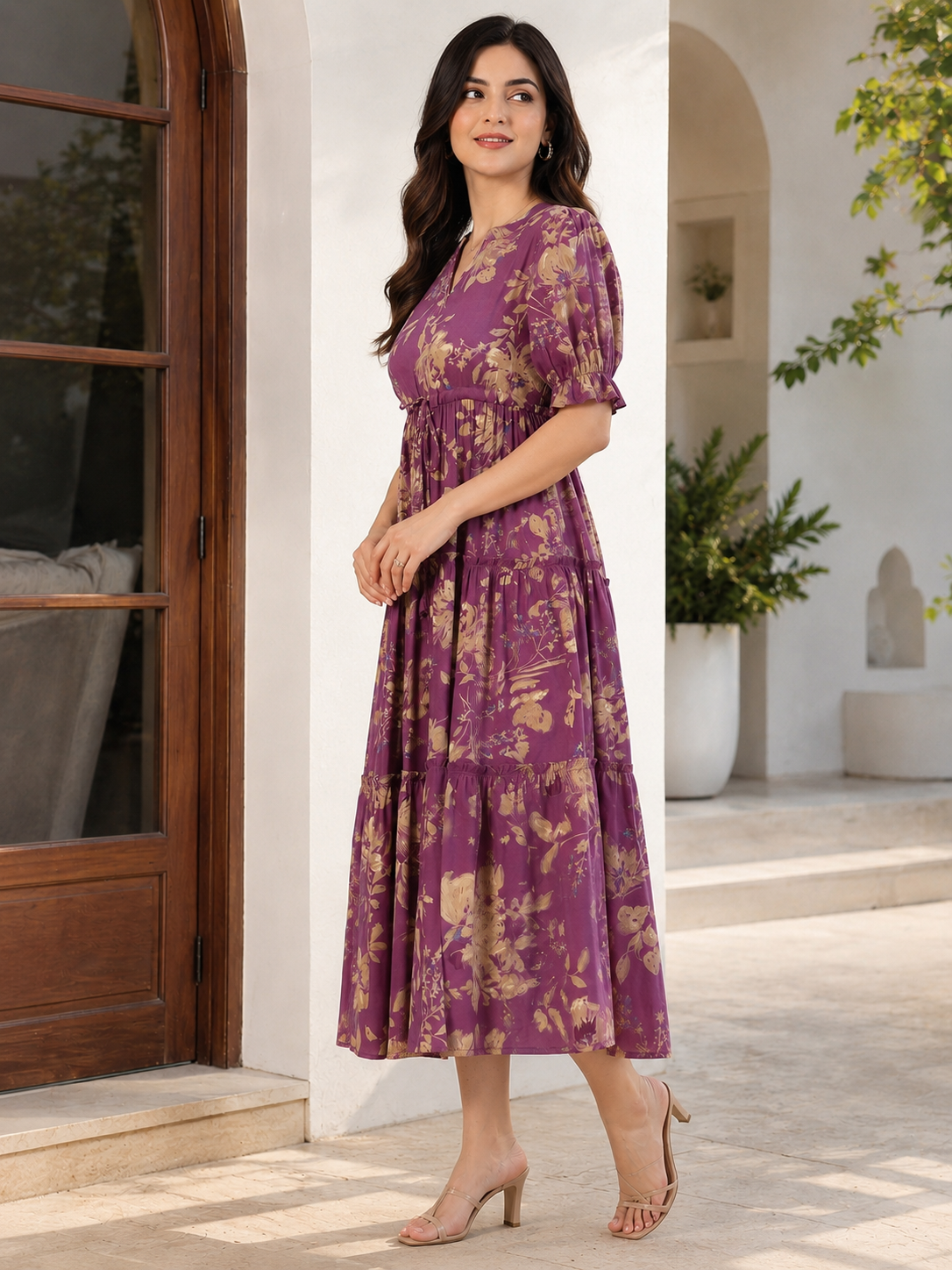 Mauve Floral Printed Chanderi Silk Dress for Women | Claura