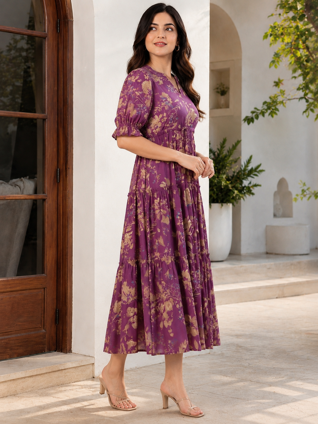 Mauve Floral Printed Chanderi Silk Dress for Women | Claura