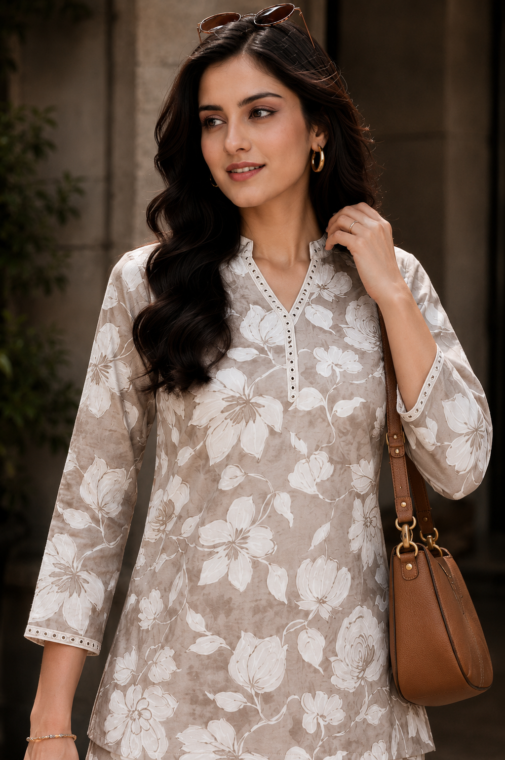 Cream Floral Chanderi Silk Tunic Co-Ord Set for Women