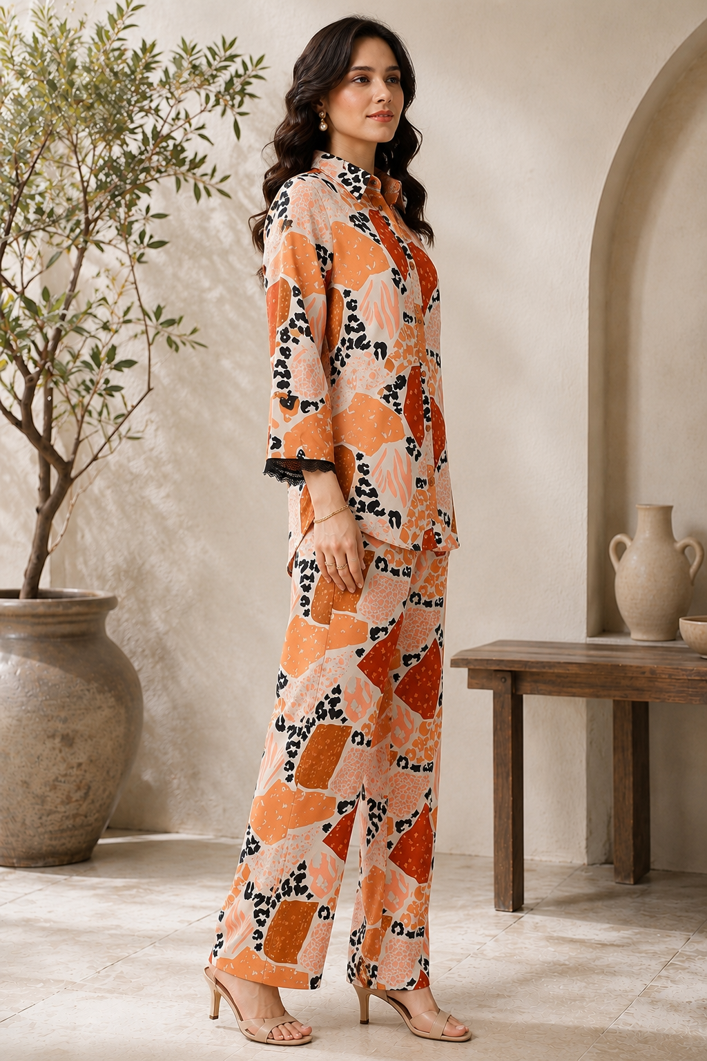 Brown Abstract Viscose Rayon Casual Co-ords Set For Women