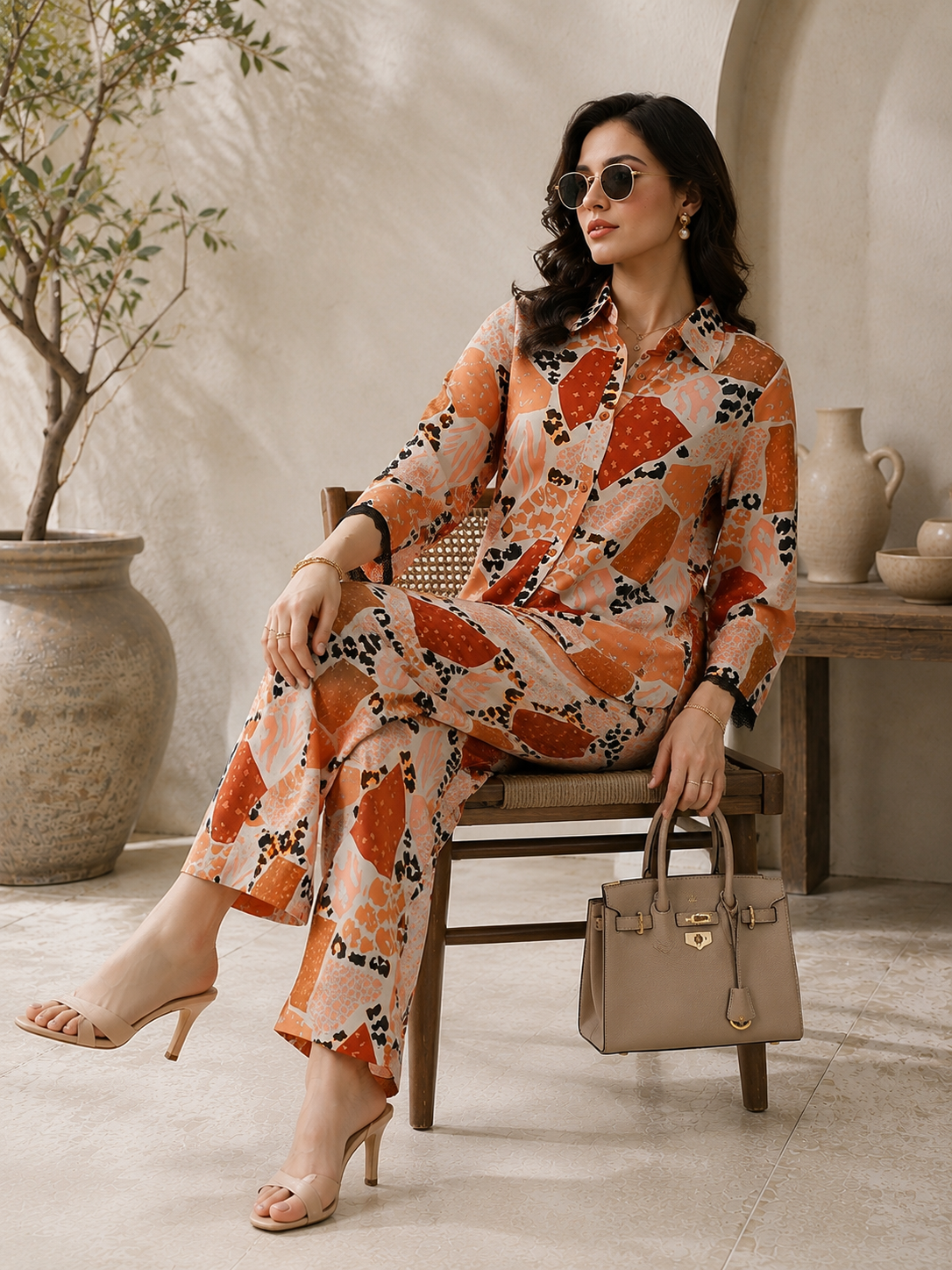 Brown Abstract Viscose Rayon Casual Co-ords Set For Women