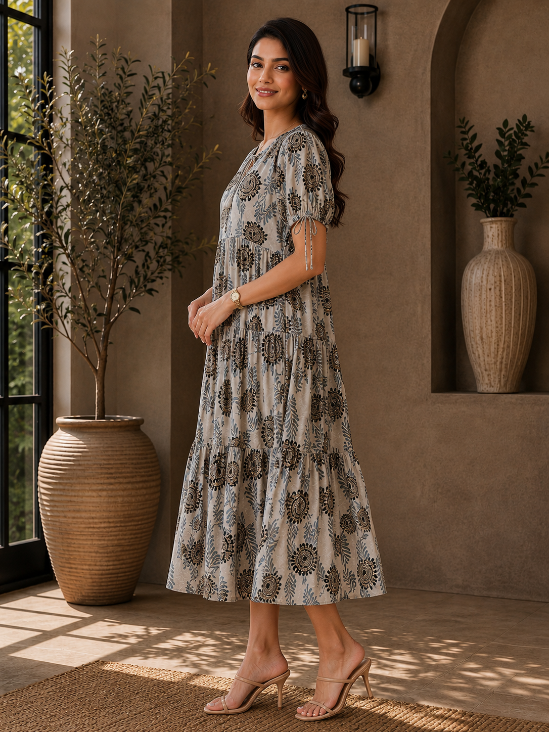 Grey Floral Printed Premium Chanderi Dress for Women | Claura