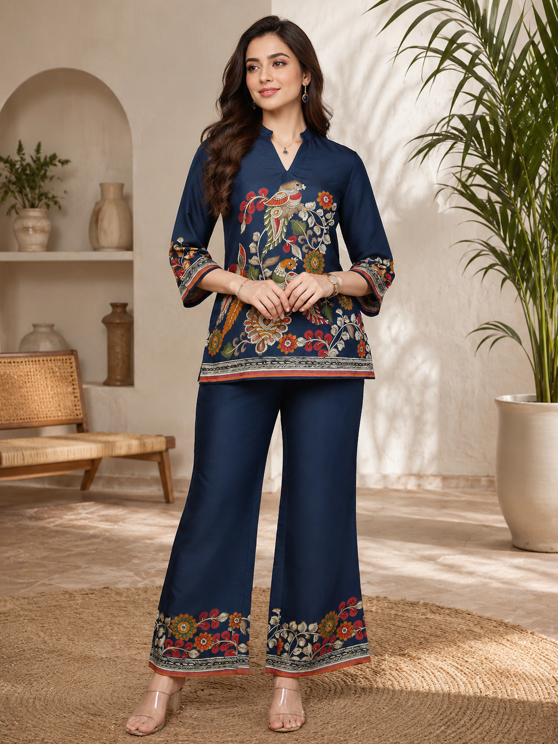 Navy Blue Bohemian Bird & Floral Printed Silk Tunic with Printed Palazzos | Claura