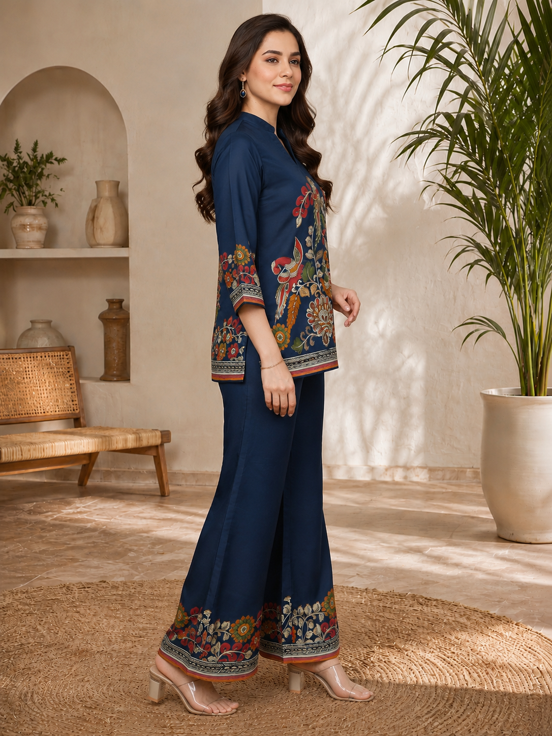 Navy Blue Bohemian Bird & Floral Printed Silk Tunic with Printed Palazzos | Claura