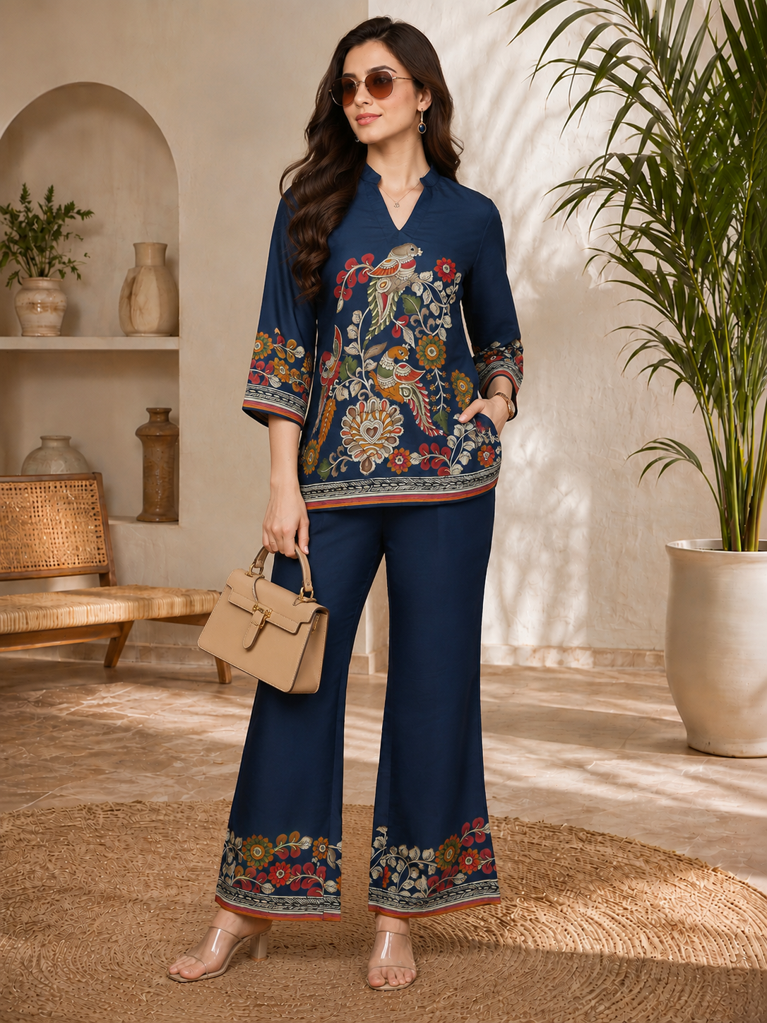 Navy Blue Bohemian Bird & Floral Printed Silk Tunic with Printed Palazzos | Claura