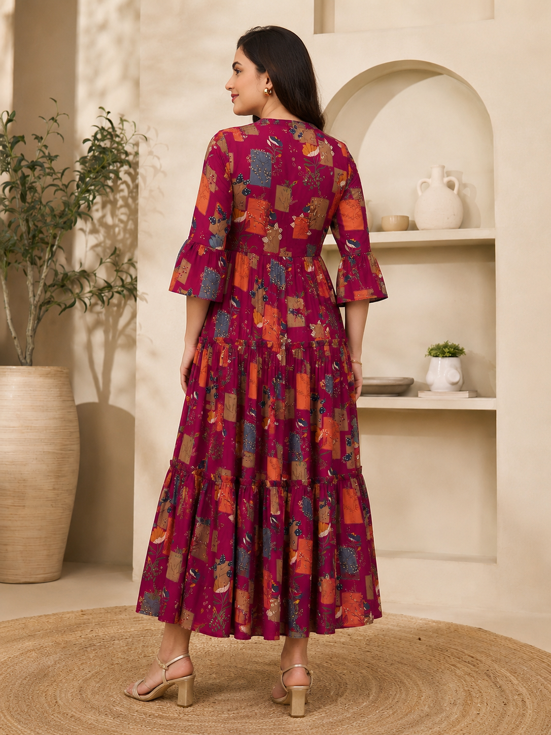 Magenta Color Chanderi Silk Abstract Printed Dress for Women | Claura