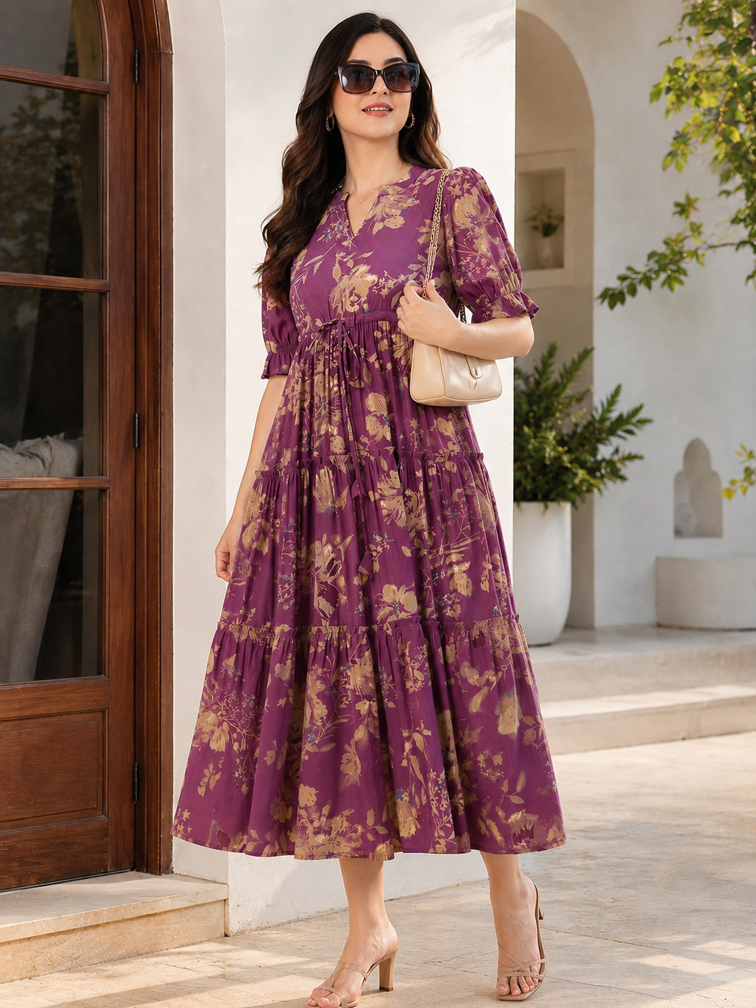 Mauve Floral Printed Chanderi Silk Dress for Women | Claura