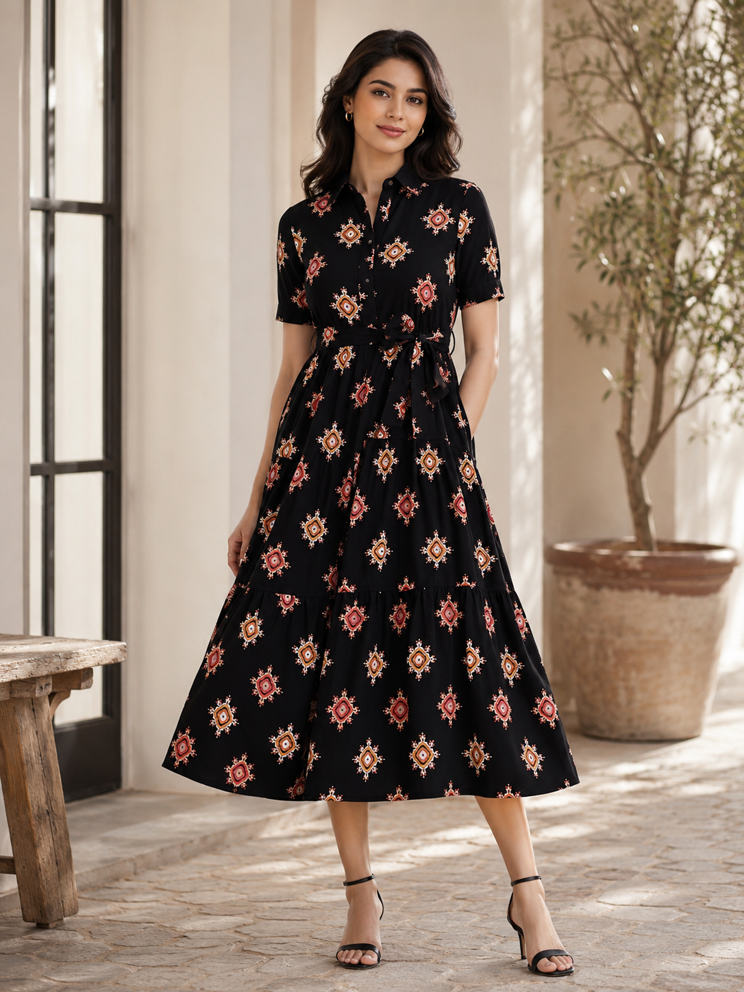 Black Viscose Rayon Floral Dress for Women | Claura